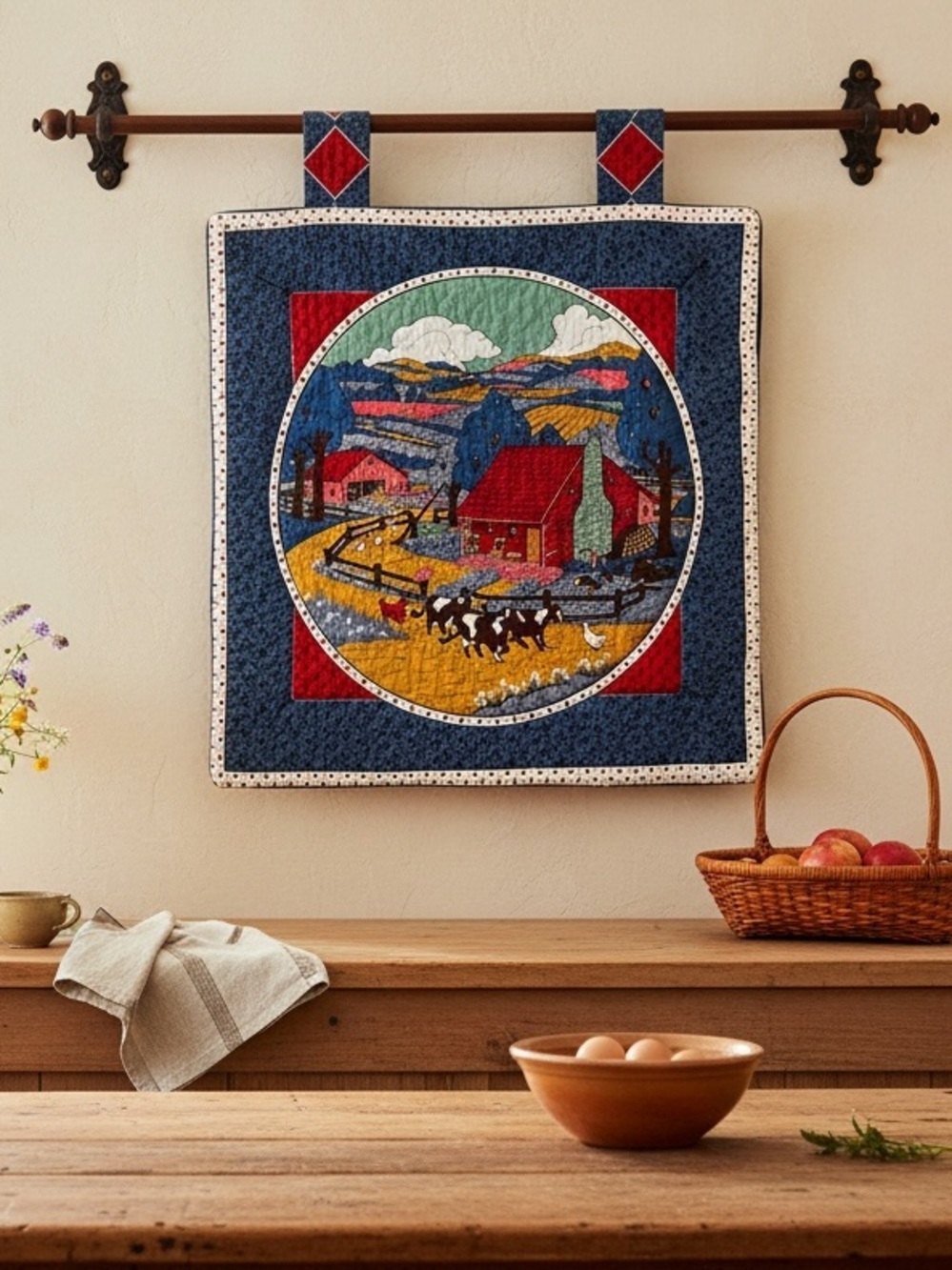 Vtg 80s VIP Cranston Quilted Cotton Fabric Panel Farm Life Cows Barn Hanger